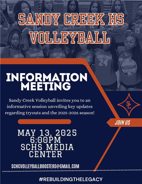 Volleyball Info Meeting is May 13, at 6:00 pm in the media center.